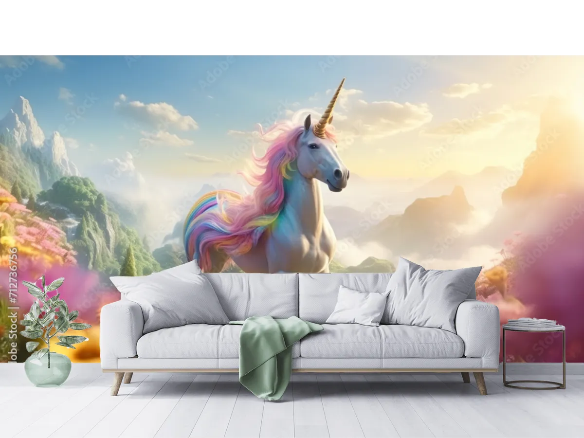 Mural Unicorno Arcoíris Fantasía | Fotomural Decorativo Infantil