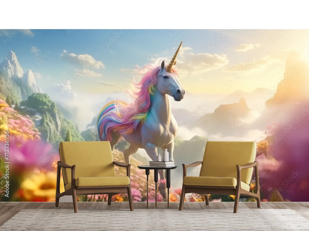 Mural Unicorno Arcoíris Fantasía | Fotomural Decorativo Infantil