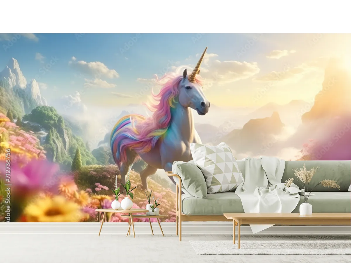 Mural Unicorno Arcoíris Fantasía | Fotomural Decorativo Infantil