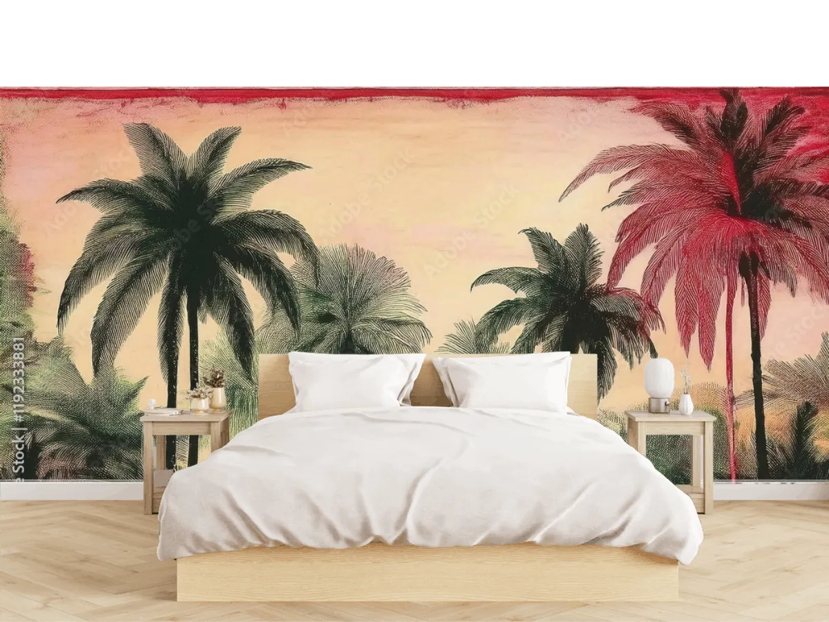 Mural Oasis Tropical Amanecer – Vinil Arquitectónico y Tapiz Decorativo
