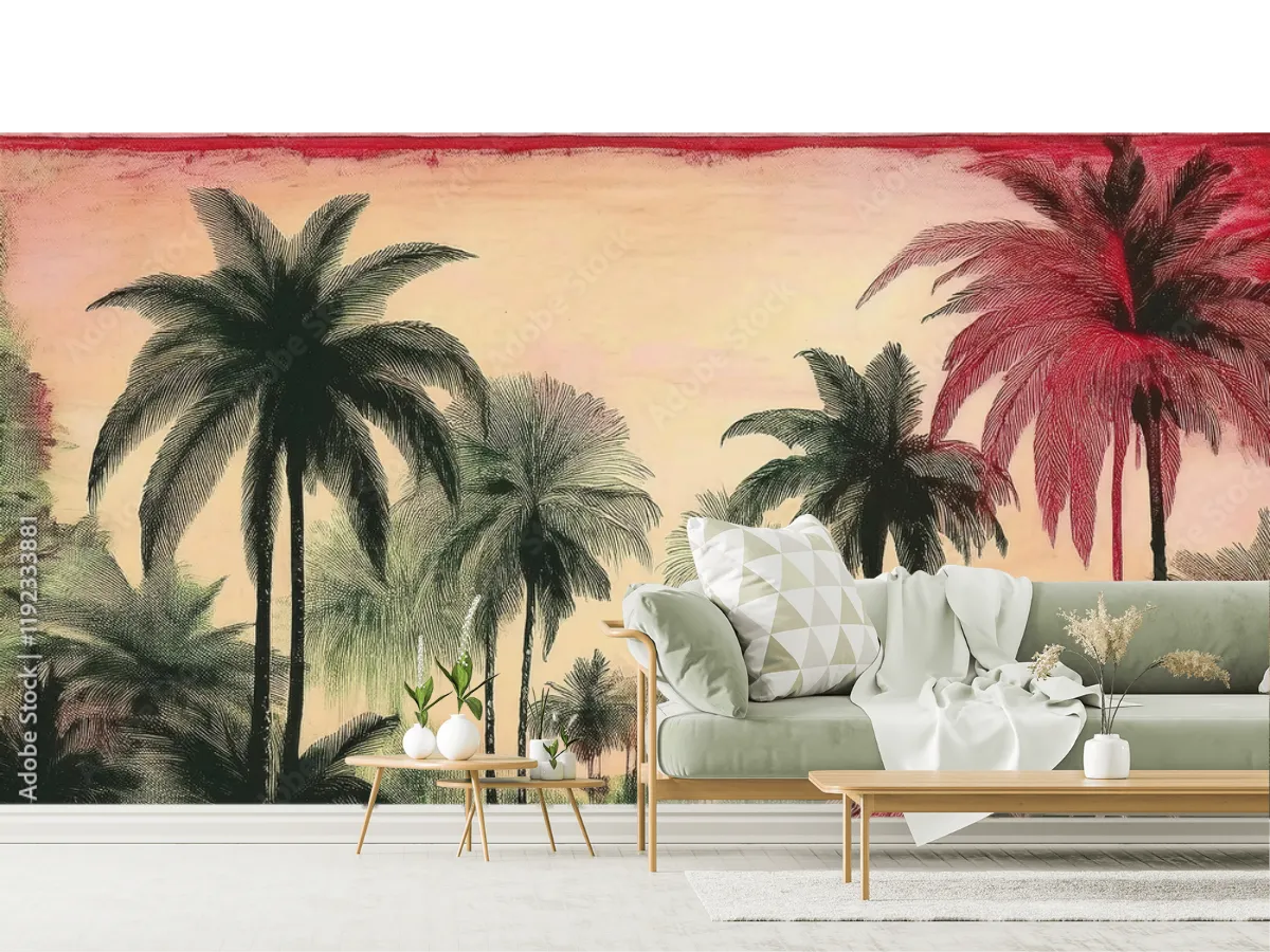 Mural Oasis Tropical Amanecer – Vinil Arquitectónico y Tapiz Decorativo