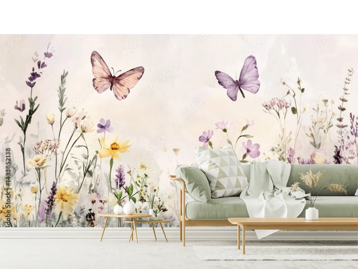 Mural Flores y Mariposas Acuarela - Papel Tapiz Decorativo Vinil Arquitectónico