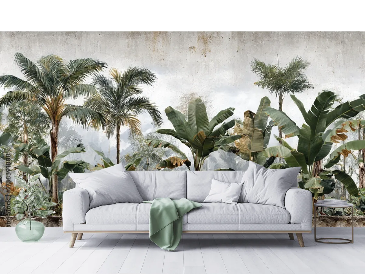 Mural Tropical Palmaría para Sala, Vinil Arquitectónico o Tapiz Decorativo