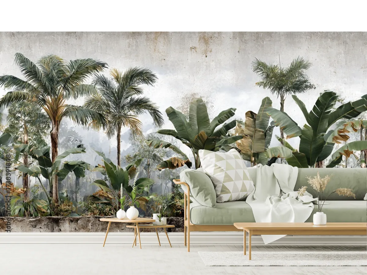 Mural Tropical Palmaría para Sala, Vinil Arquitectónico o Tapiz Decorativo