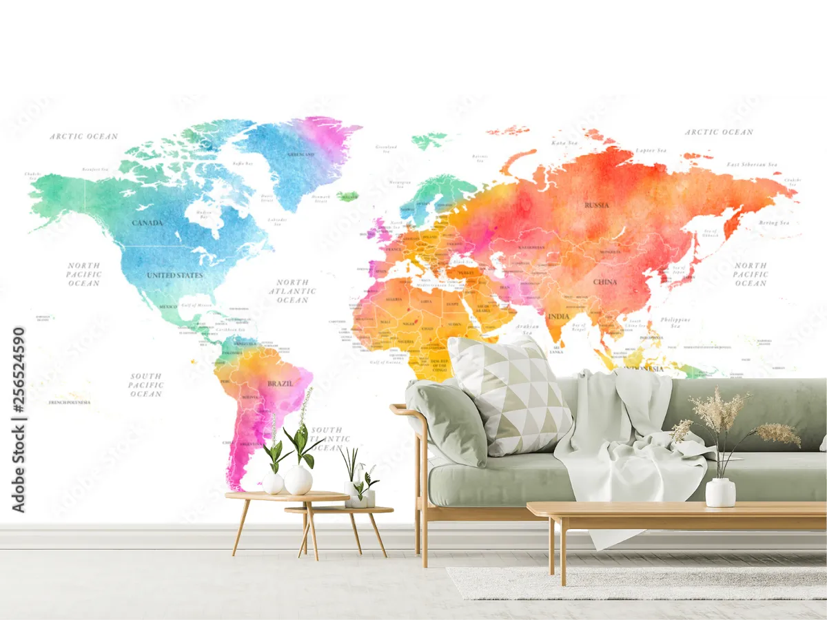 Papel Tapiz Mapa Mundial Acuarela Decorativo | Distintos Materiales