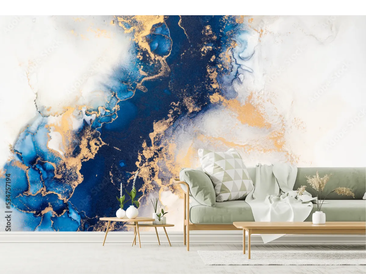 Mural Niebla de Oro Azul para Decoración de Sala en Vinil o Papel Tapiz