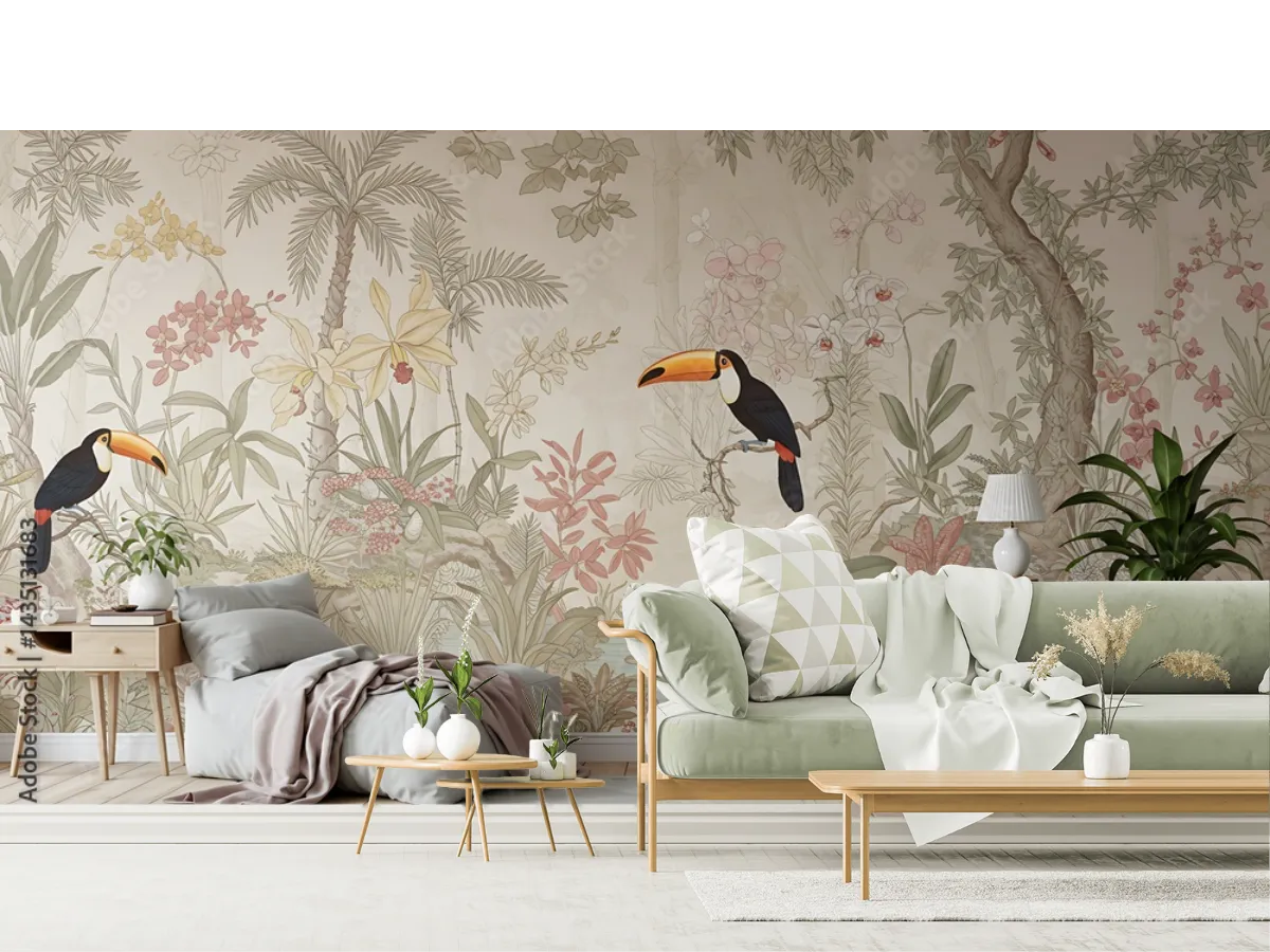 Fotomural Decorativo Tropical con Tucanes y Flores para Sala o Recámara