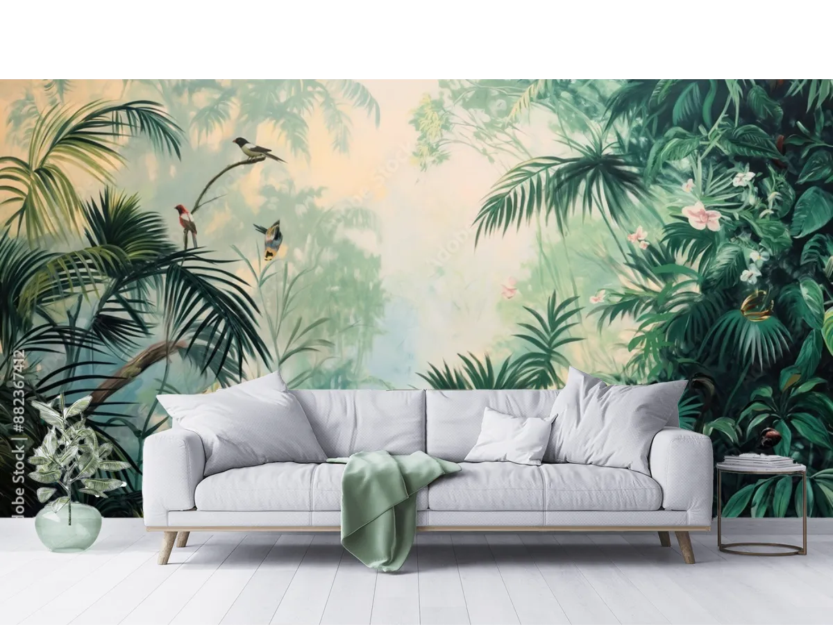 Mural Selva Encantada con Panda Vinil Arquitectónico y Papel Tapiz Decorativo