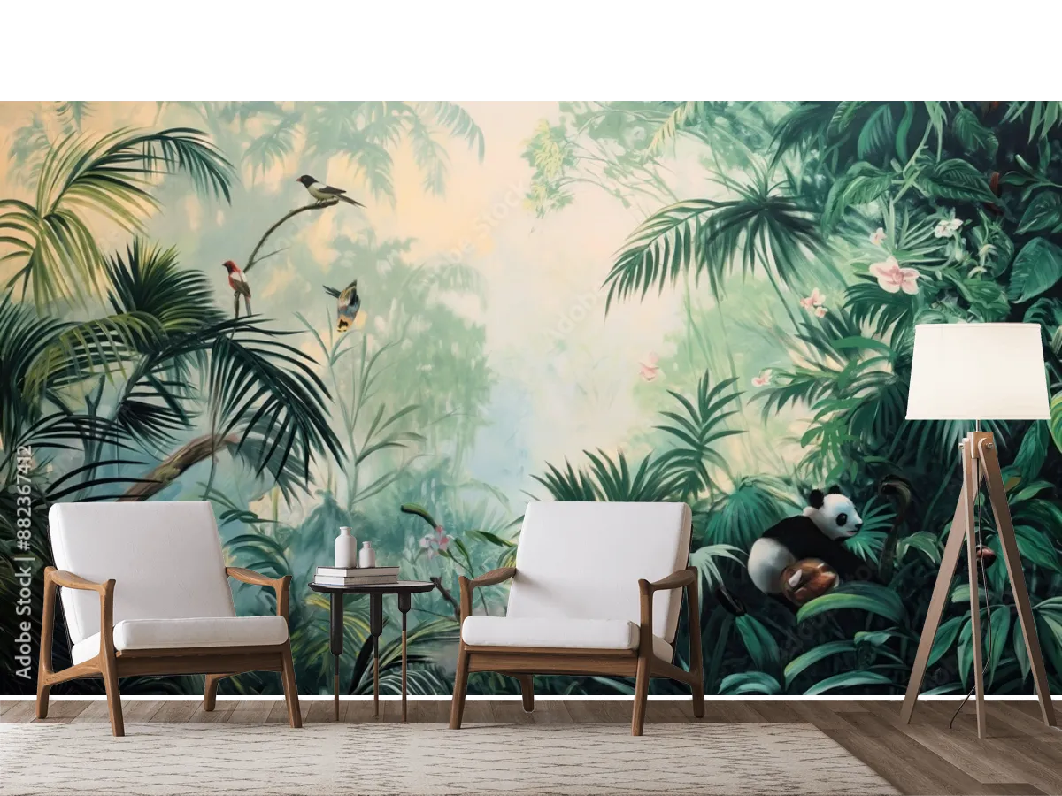 Mural Selva Encantada con Panda Vinil Arquitectónico y Papel Tapiz Decorativo
