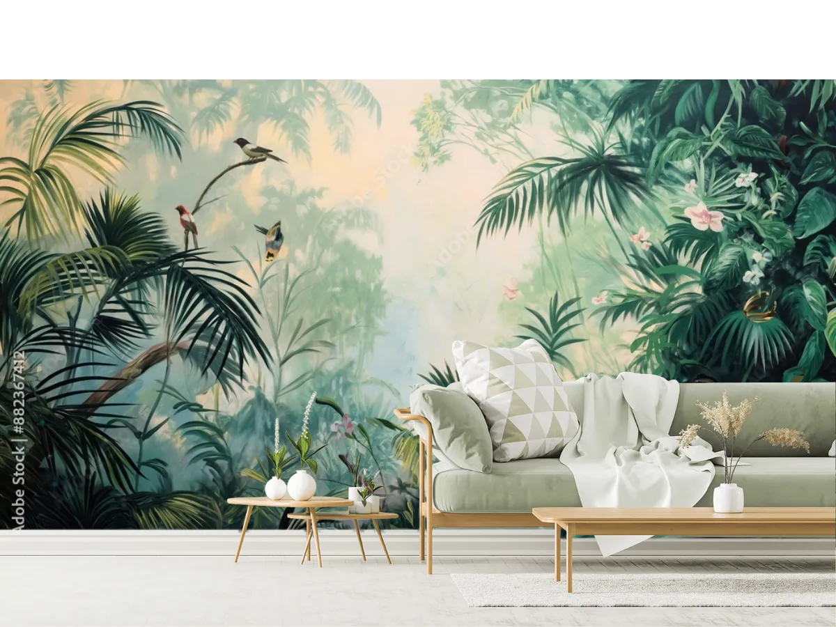 Mural Selva Encantada con Panda Vinil Arquitectónico y Papel Tapiz Decorativo
