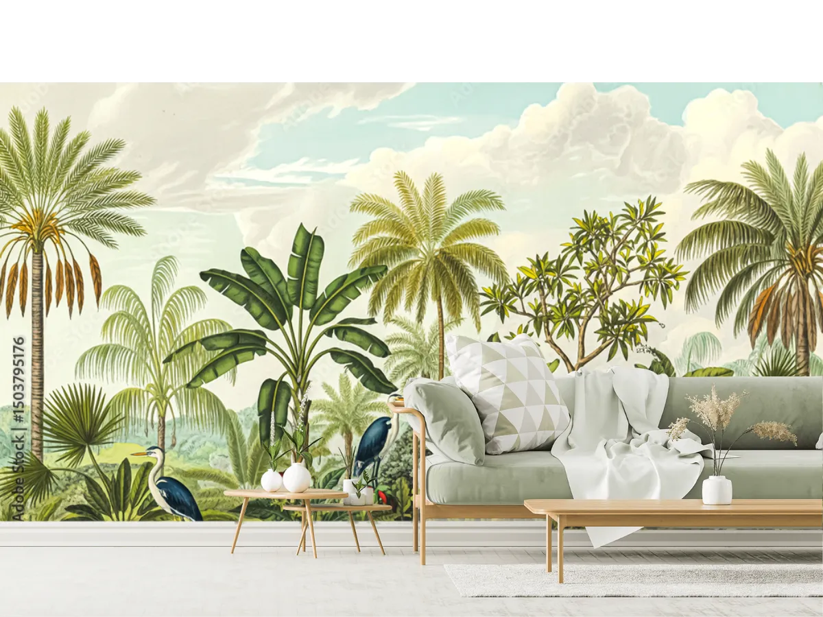 Fotomural Tropical Vintage en Vinil Arquitectónico – Decoración de Sala Exótica