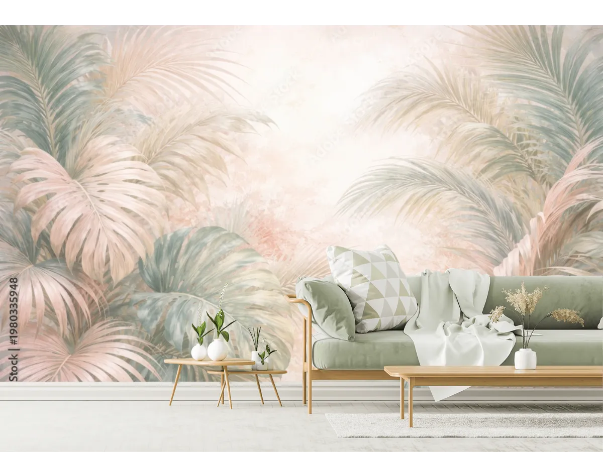 Mural Oasis Palm Dream pastel para sala y recámara - Vinil Arquitectónico