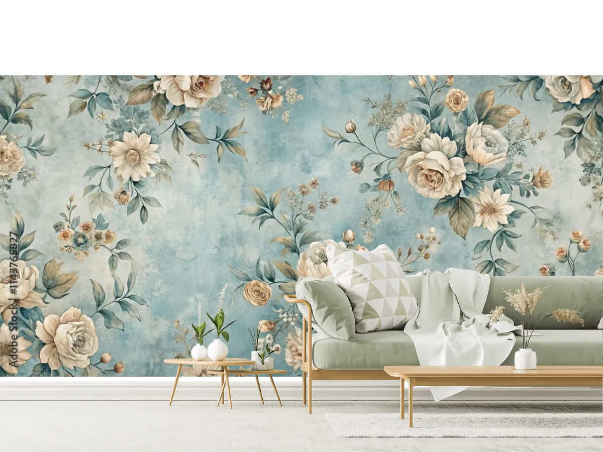 Mural Floral Romantic Azure para Decoración de Sala y Recámara