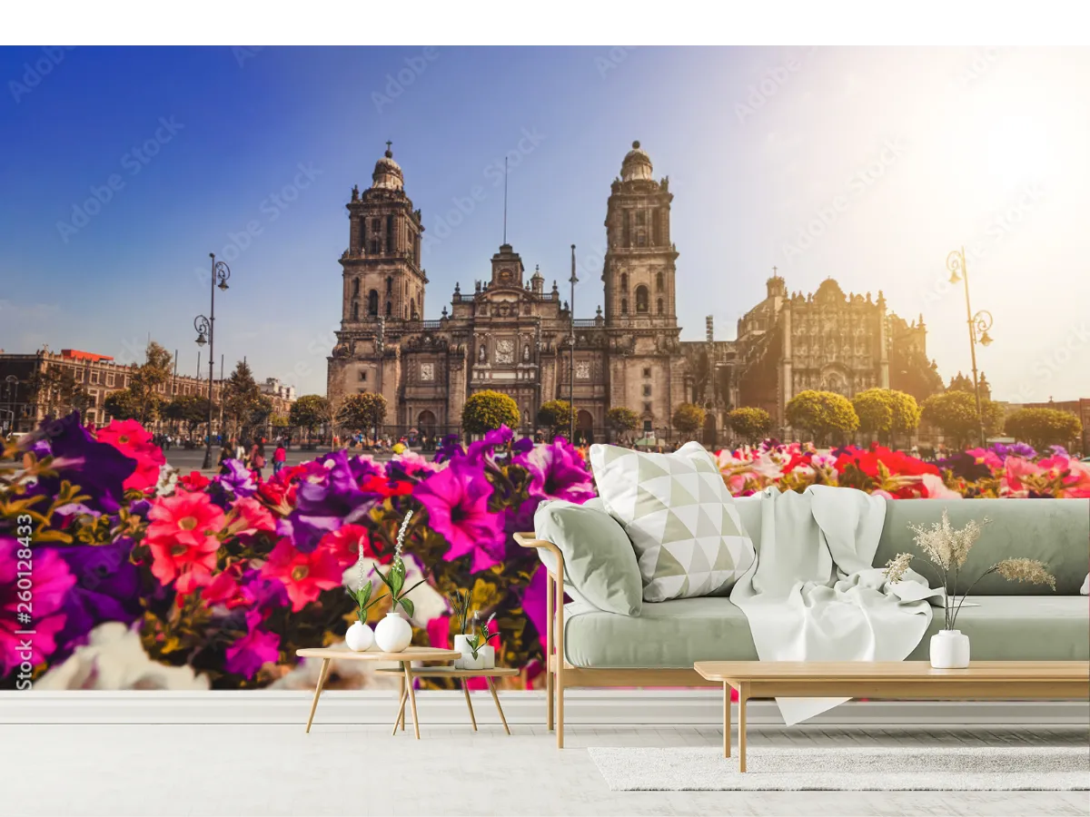 Mural Catedral y Flores CDMX | Fotomural decorativo para sala - Vinil, Papel Tapiz o Contract