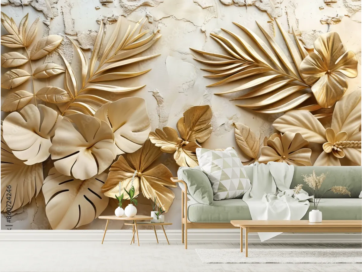 Mural Reflejos Dorados Tropicales para Decoración de Sala | Vinil Arquitectónico y Papel Tapiz