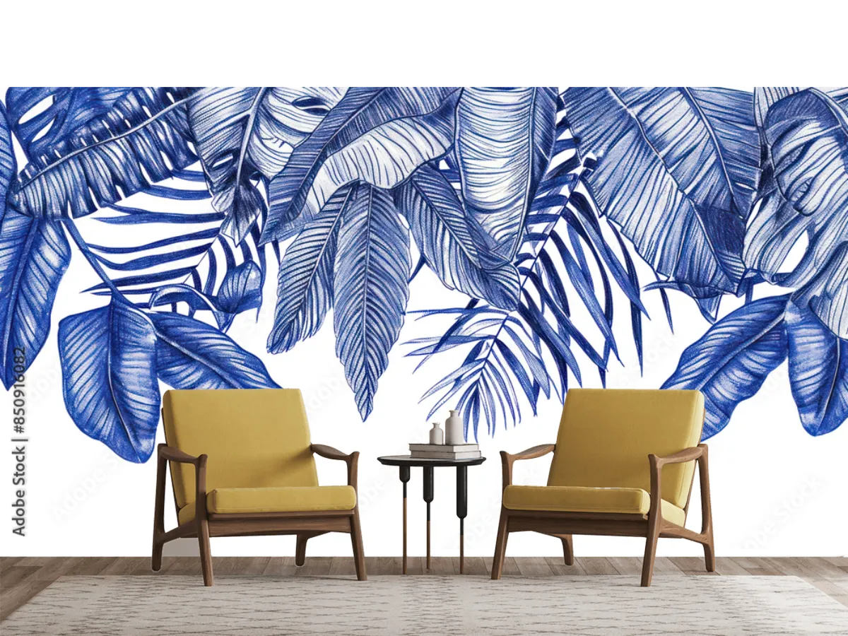 Mural Tropical Azul Sueño en Vinil Arquitectónico para sala