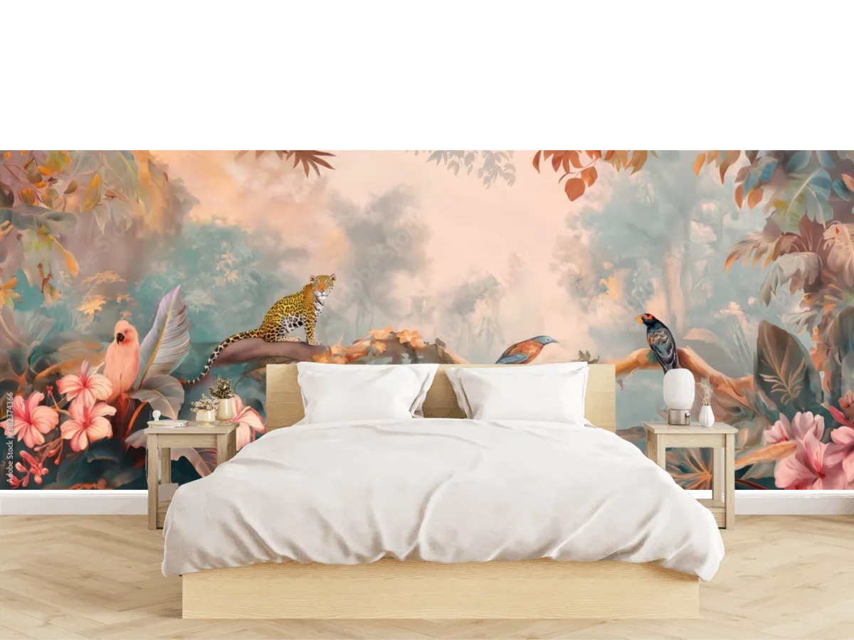 Vintage wallpaper of jungle canopy with jaguars and exotic birds, pastel color, oil painting style.
