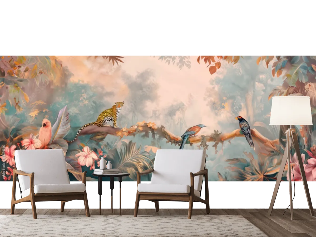 Vintage wallpaper of jungle canopy with jaguars and exotic birds, pastel color, oil painting style.