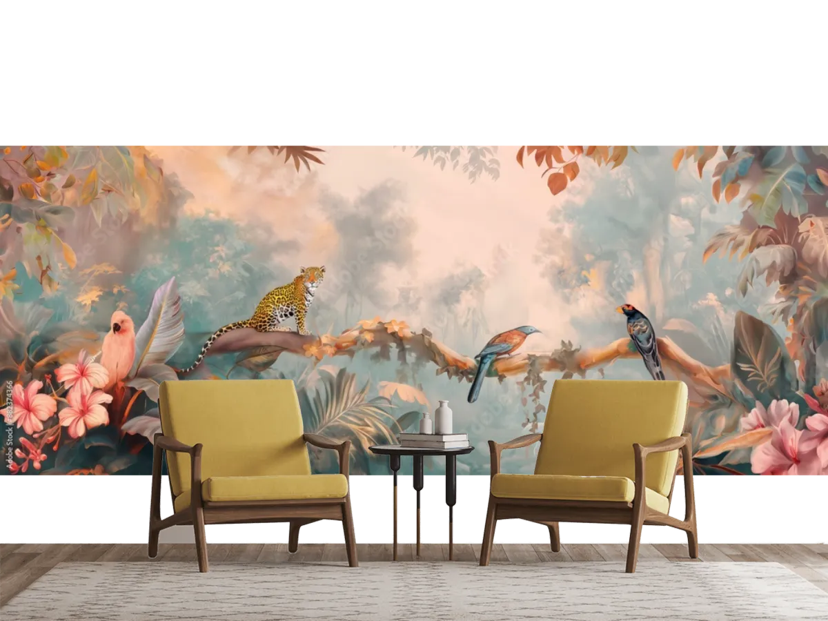 Vintage wallpaper of jungle canopy with jaguars and exotic birds, pastel color, oil painting style.