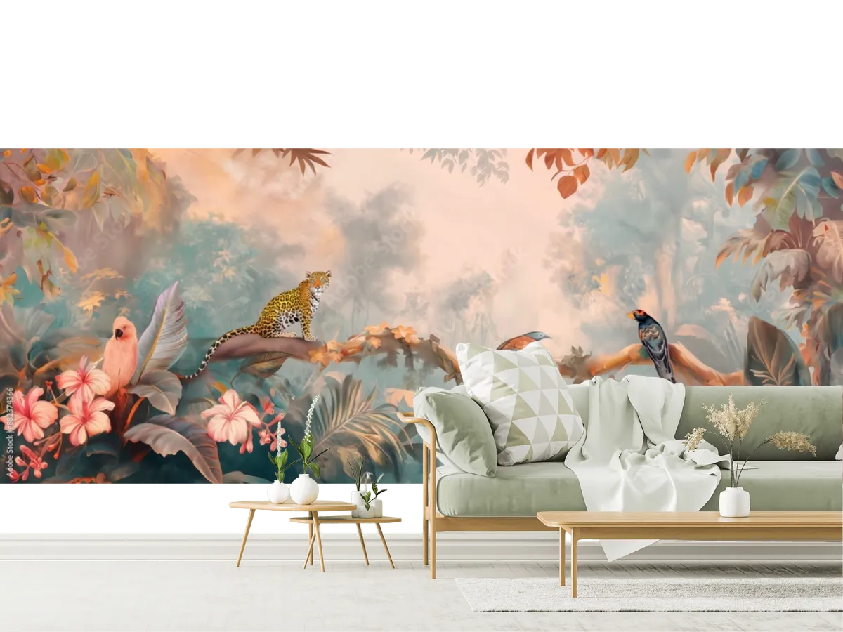 Vintage wallpaper of jungle canopy with jaguars and exotic birds, pastel color, oil painting style. 