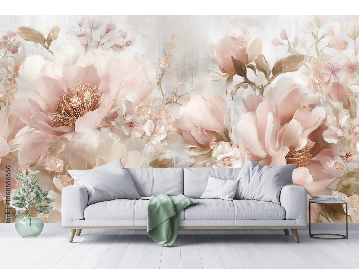 Mural Floral Romántico en Vinil Arquitectónico – Fotomural Pared Decorativo para Sala
