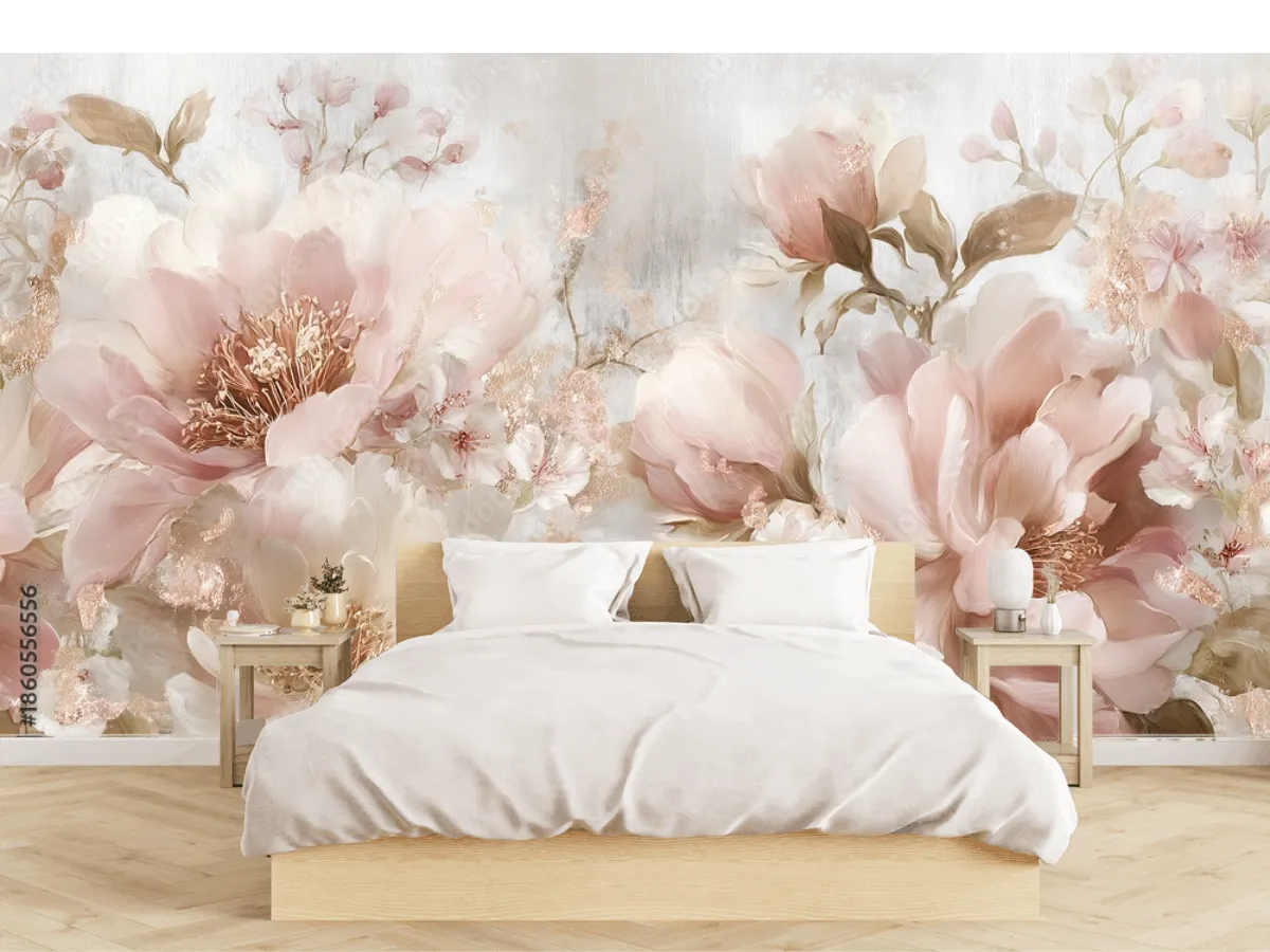 Mural Floral Romántico en Vinil Arquitectónico – Fotomural Pared Decorativo para Sala