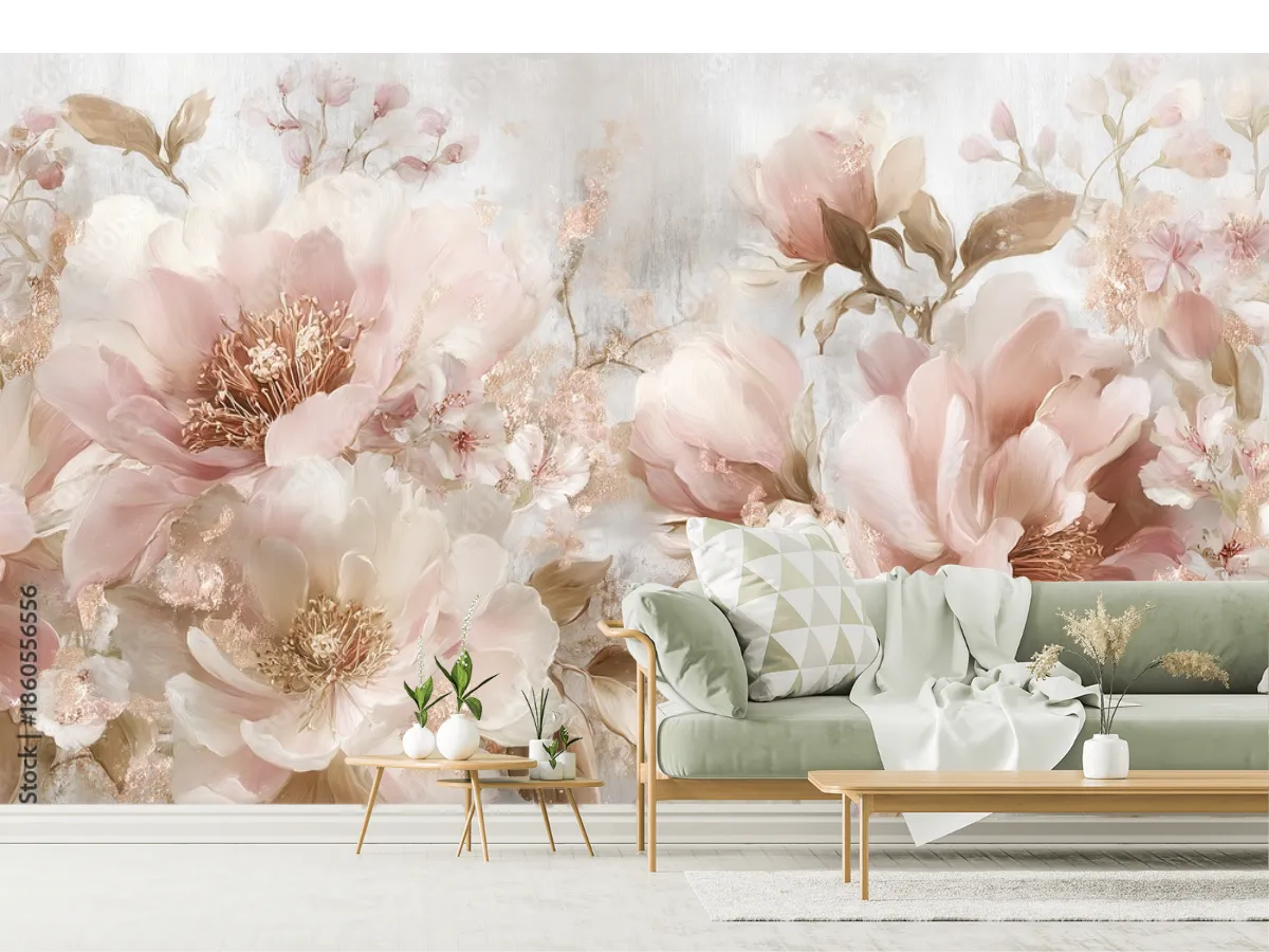 Mural Floral Romántico en Vinil Arquitectónico – Fotomural Pared Decorativo para Sala