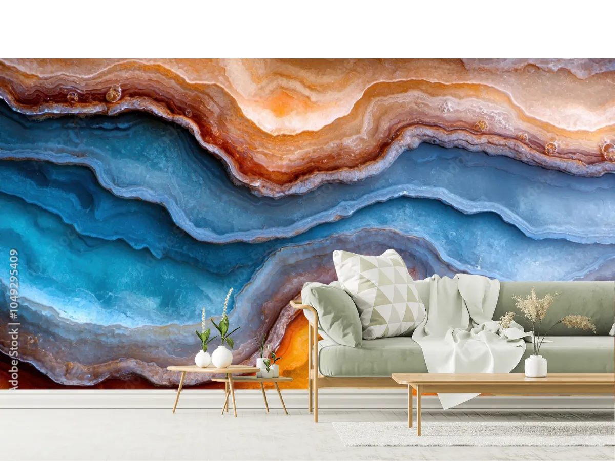 Mural Geodas Azul Ópalo para Decoración de Sala | Vinil Arquitectónico y Papel Tapiz