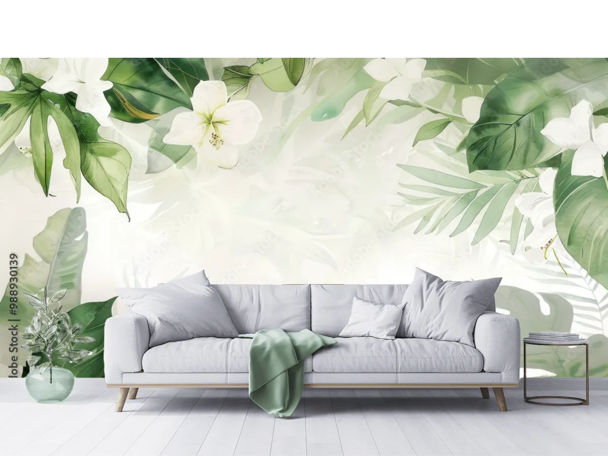 Watercolor mural wallpaper with delicate tropical leaves and flowers in a minimalist style on a light background