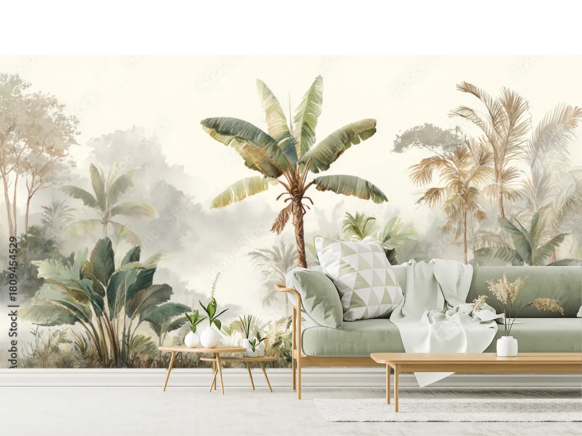 Mural Tropical Niebla Verde para Sala y Recámara - Vinil Arquitectónico
