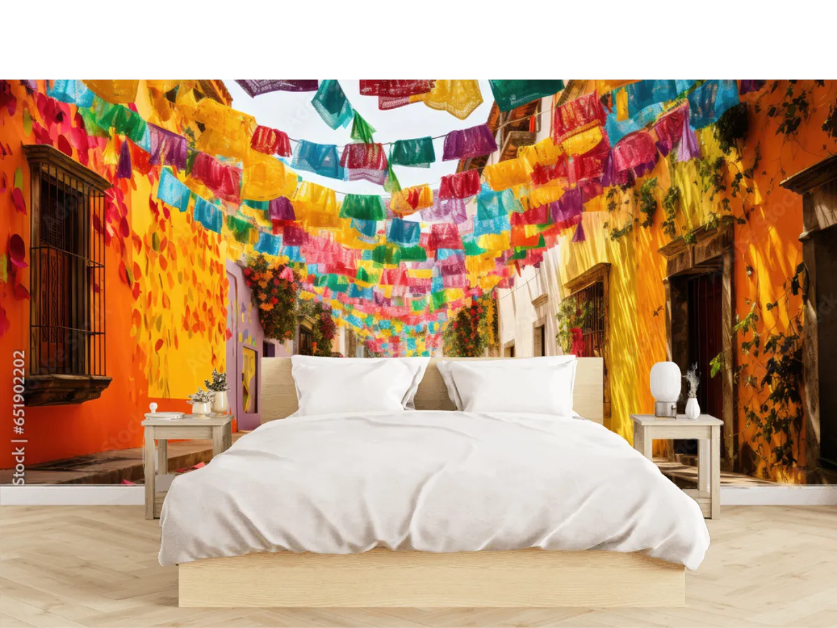 Mural Calle Fiesta Mexicana Vinil Arquitectónico Fotomural Decorativo