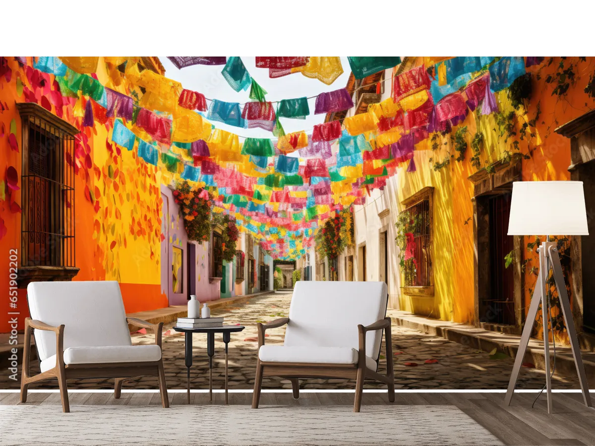 Mural Calle Fiesta Mexicana Vinil Arquitectónico Fotomural Decorativo