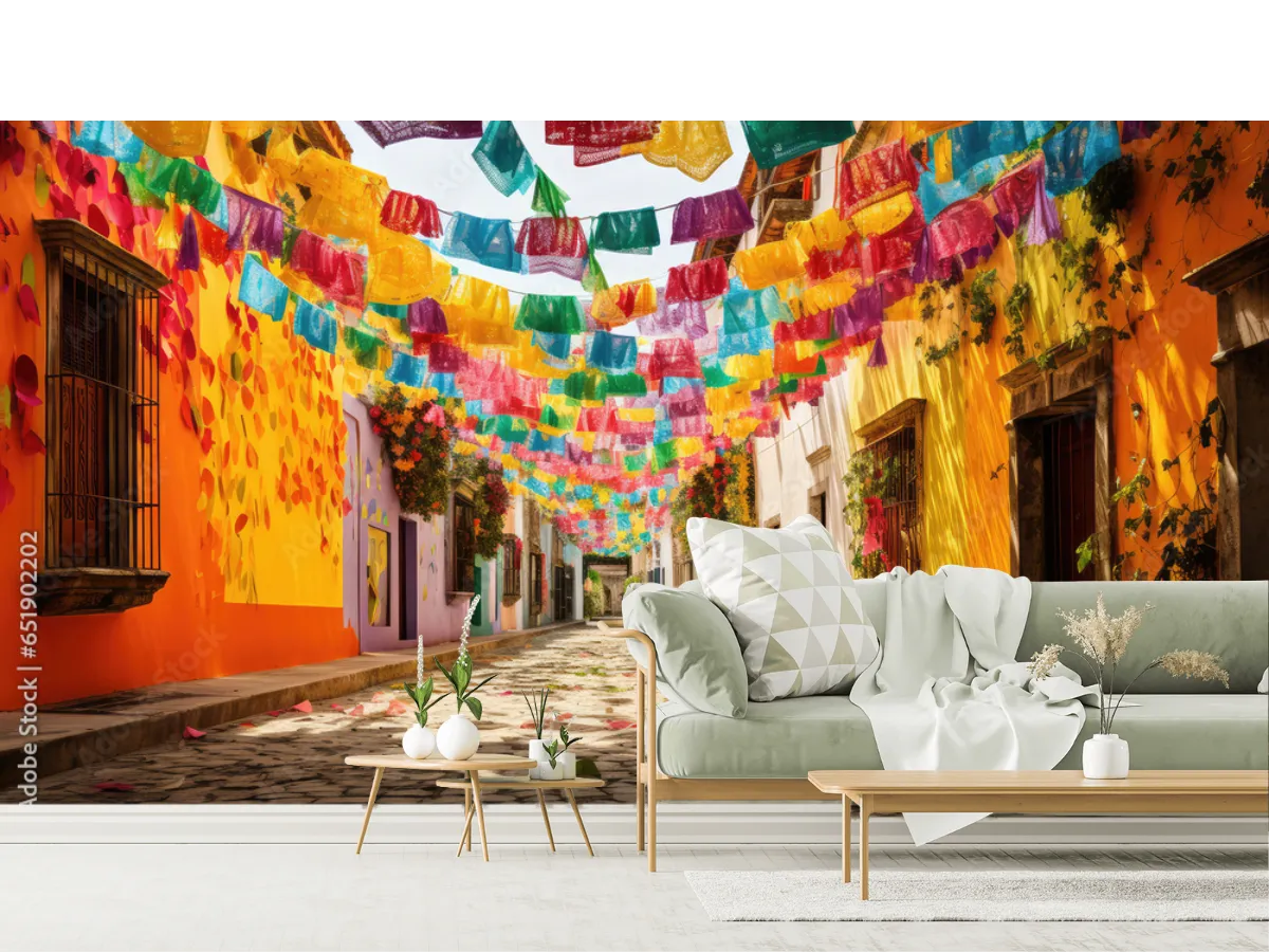 Mural Calle Fiesta Mexicana Vinil Arquitectónico Fotomural Decorativo