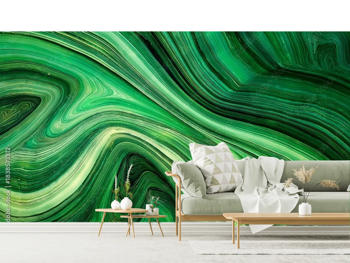 Mural Esmeralda Ondas Modernas para Sala o Recámara, Vinil Arquitectónico y Papel Tapiz
