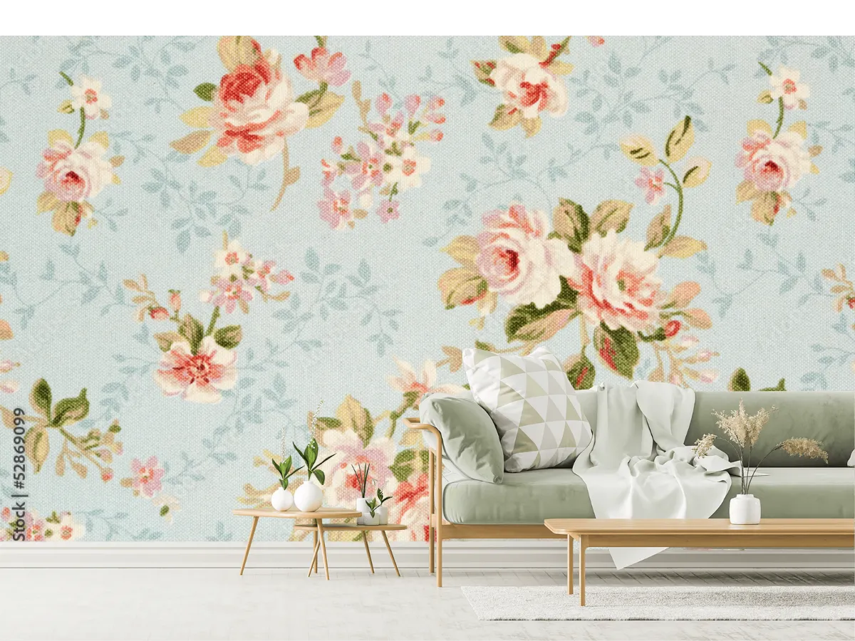 Mural Floral Nostalgia Romántica en Vinil, Papel Tapiz o Mural para Decoración de Sala