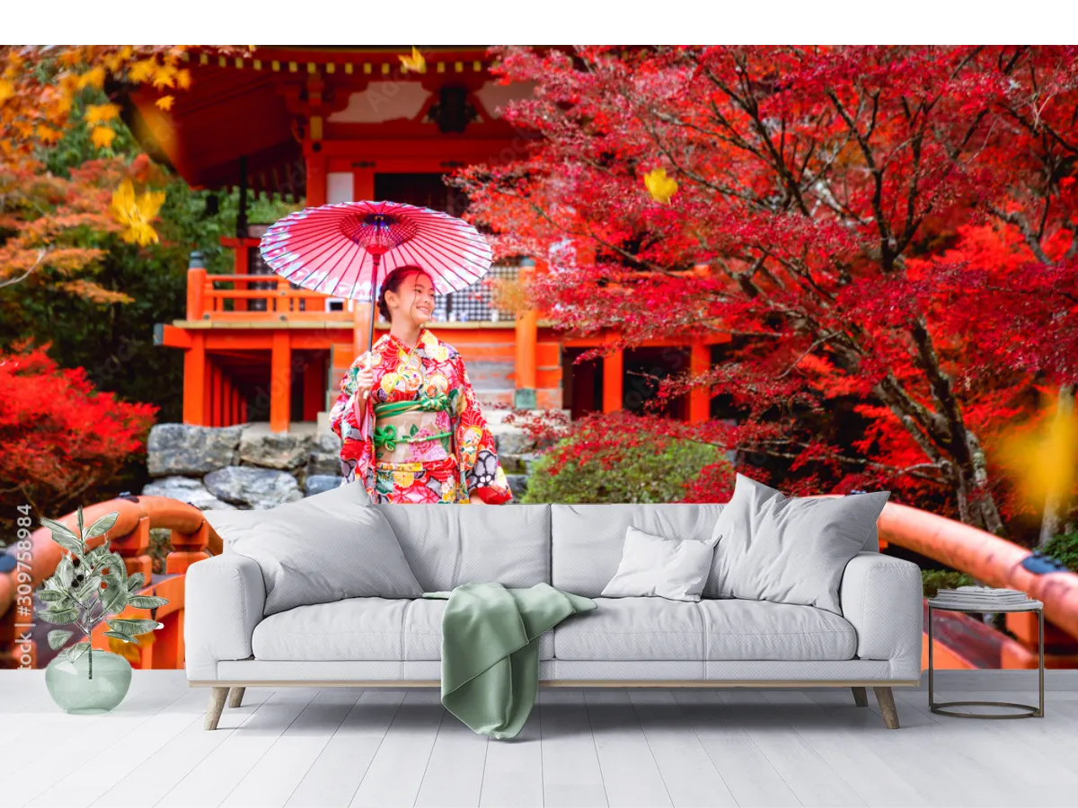 Mural Sakura Kimono Rojo – Fotomural Decorativo Inspiración Japonesa
