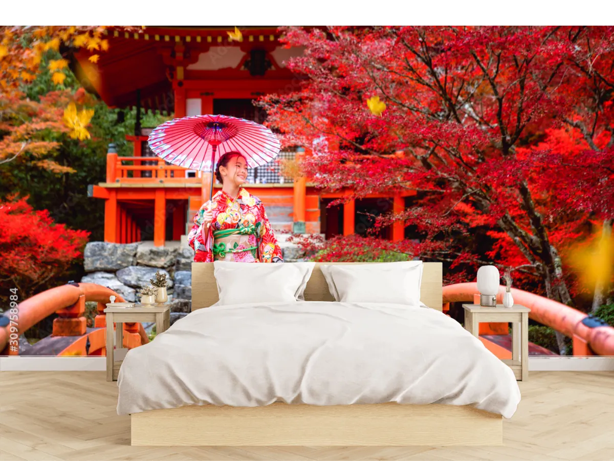 Mural Sakura Kimono Rojo – Fotomural Decorativo Inspiración Japonesa