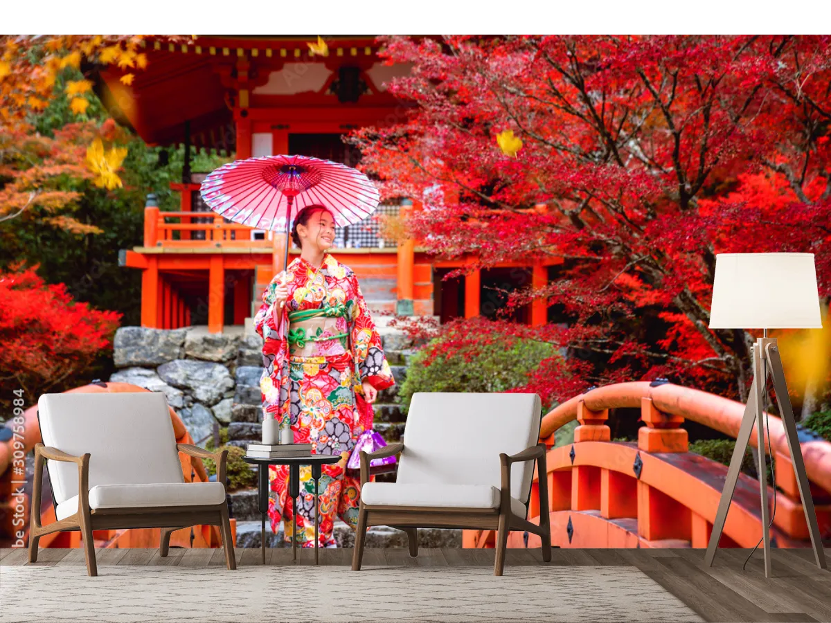 Mural Sakura Kimono Rojo – Fotomural Decorativo Inspiración Japonesa
