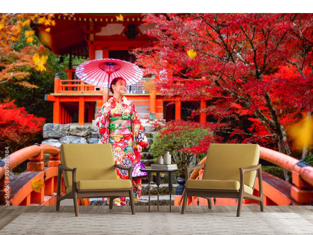 Mural Sakura Kimono Rojo – Fotomural Decorativo Inspiración Japonesa