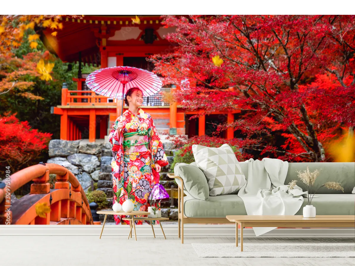Mural Sakura Kimono Rojo – Fotomural Decorativo Inspiración Japonesa