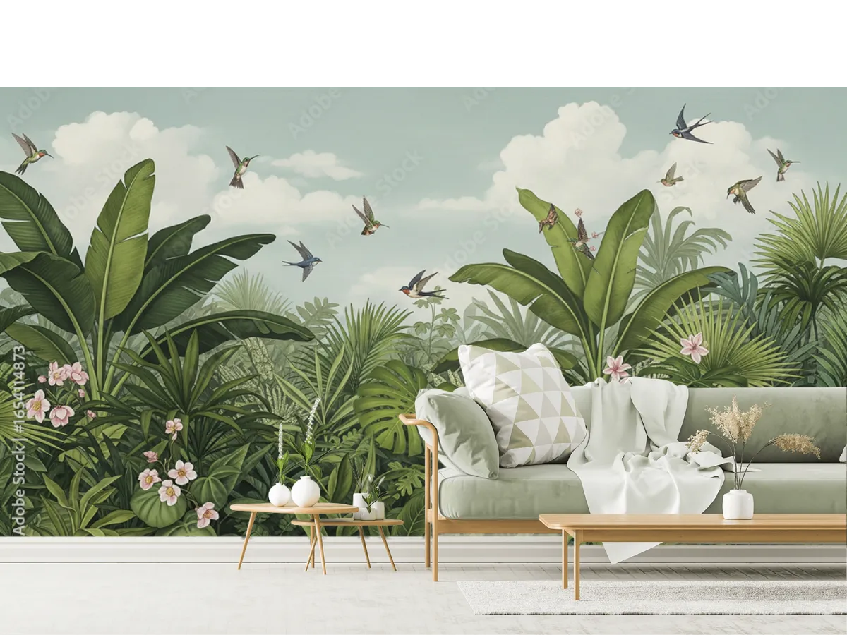 Mural Tropical Encanto Botánico para Sala o Recámara - Vinil Arquitectónico y Tapiz