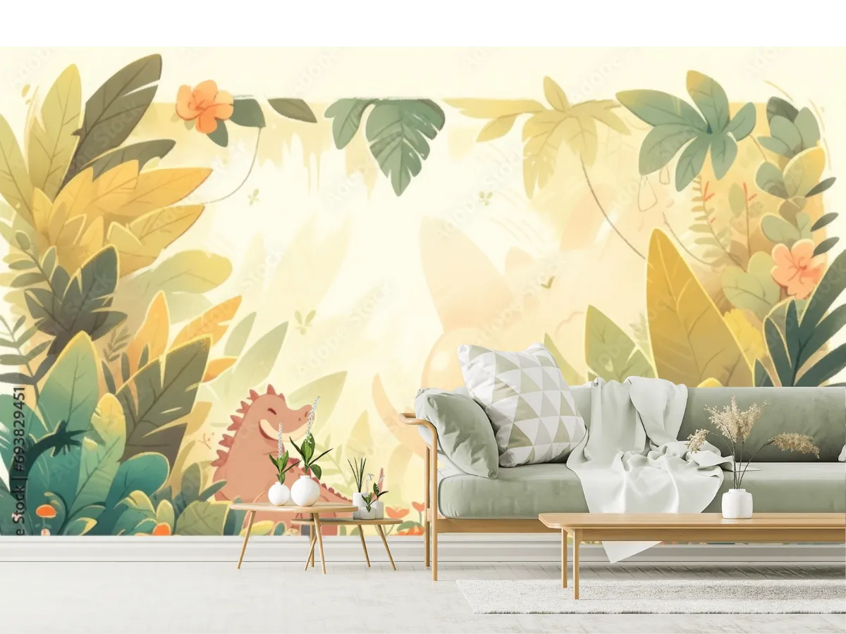 Mural DinoAventura Tropical Infantil Vinil Arquitectónico o Papel Tapiz