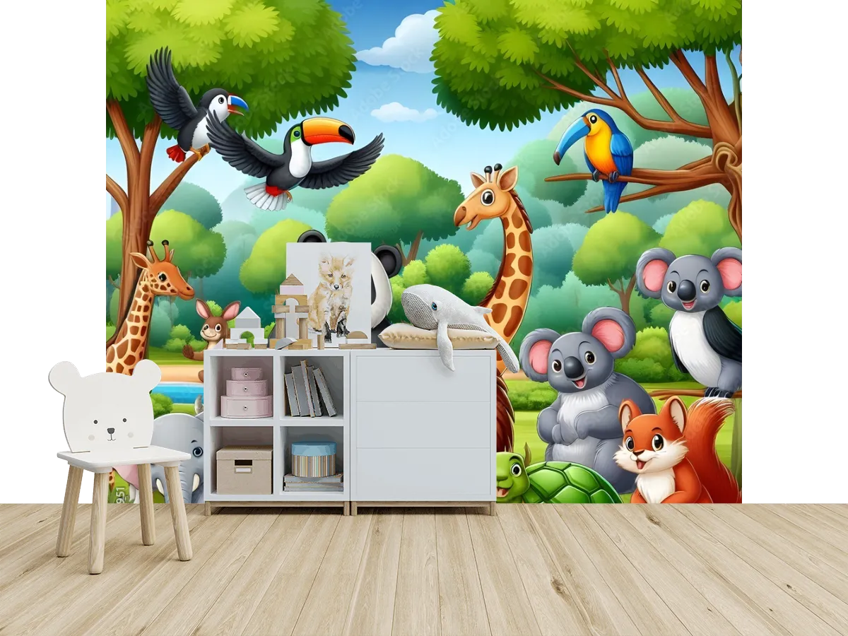 Mural Animales del Bosque Encantado para Niños - Papel Tapiz Decorativo