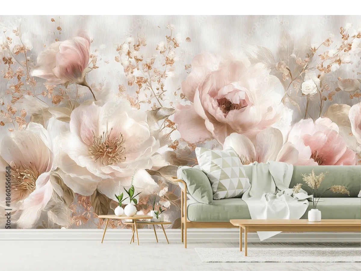 Elegant garden rustic wall mural, soft malva pink and white tones, smooth flowers rose gold flat accents