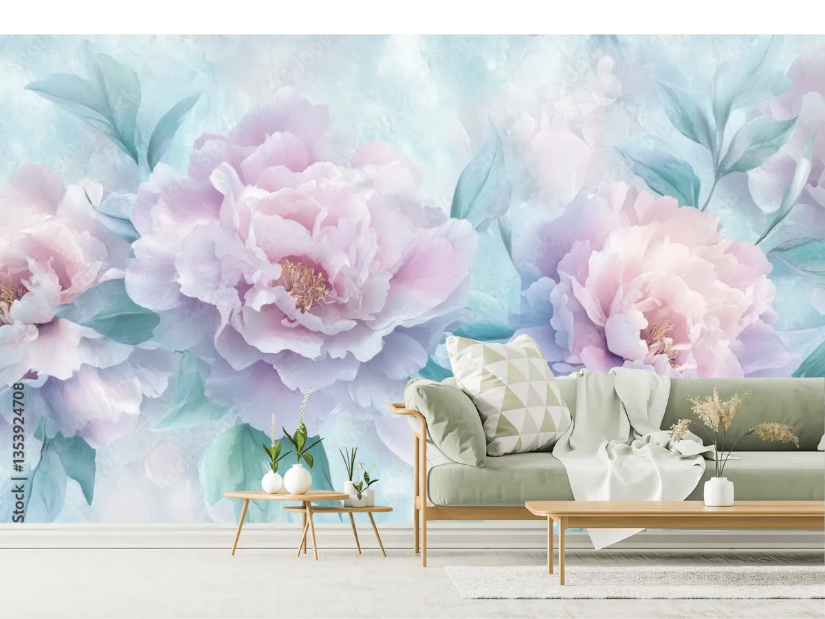 Mural Aurora Peonía Pastel para Decoración de Pared - Papel Tapiz Personalizable