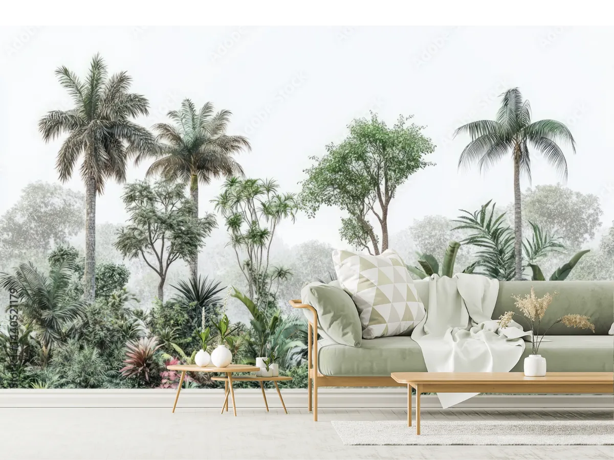 Modelo Mural Oasis Tropical en Vinil o Tapiz Texturizado para Decoración de Sala