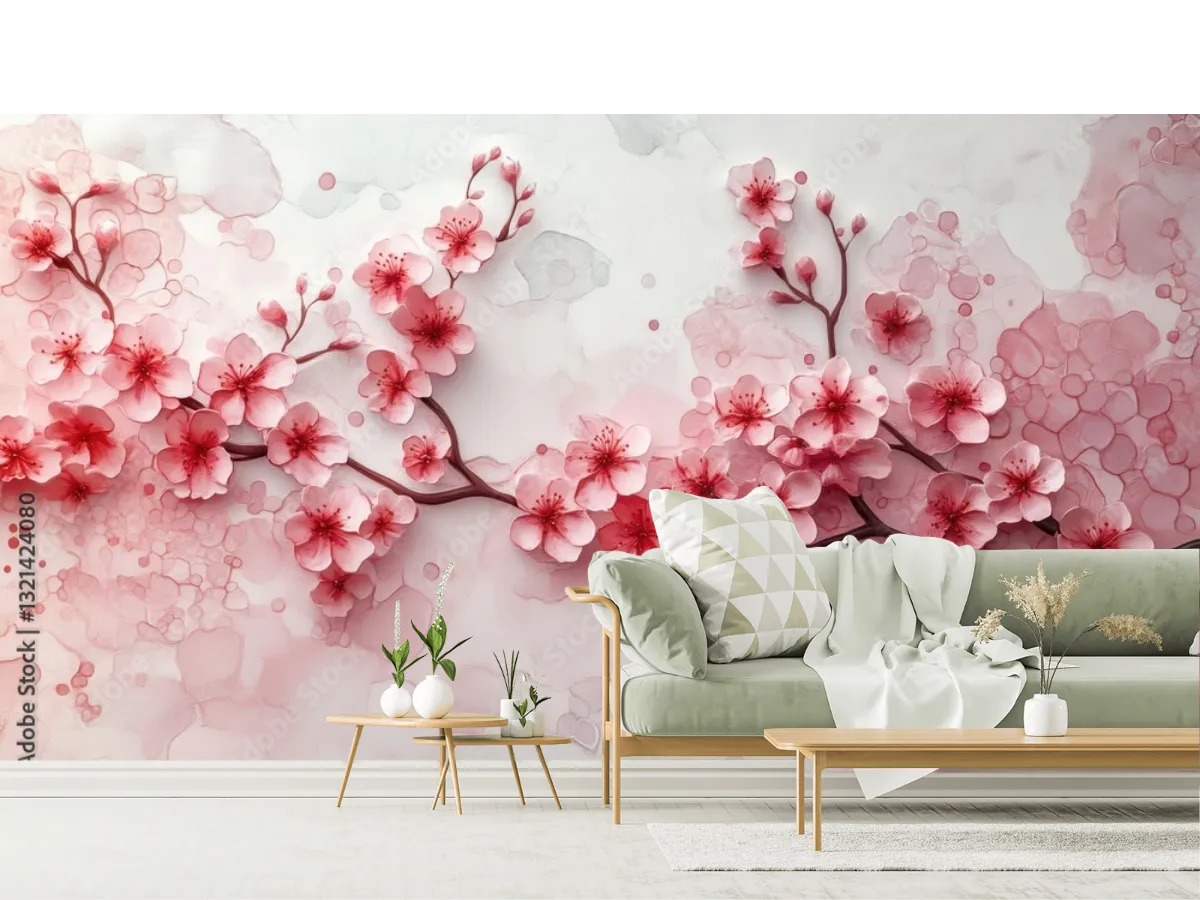 Mural Sakura Serenidad Floral para Decoración de Sala, Vinil Arquitectónico