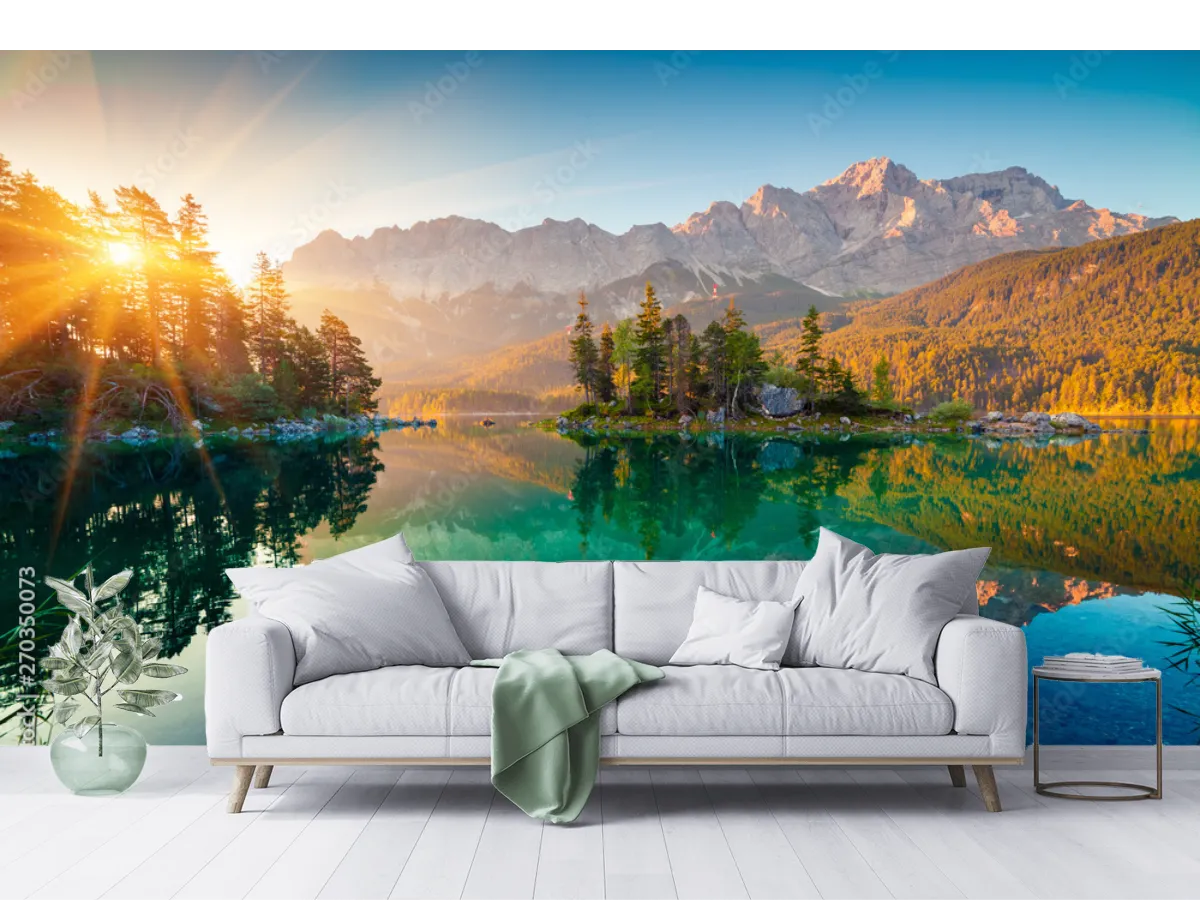 Mural Amanecer Espejado en Lago Alpino – Fotomural Decorativo para Sala y Oficina