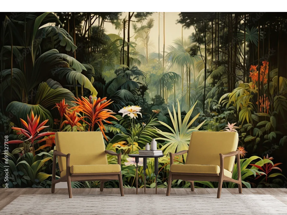 Mural Selva Radiante para decoración de sala en Vinil Arquitectónico