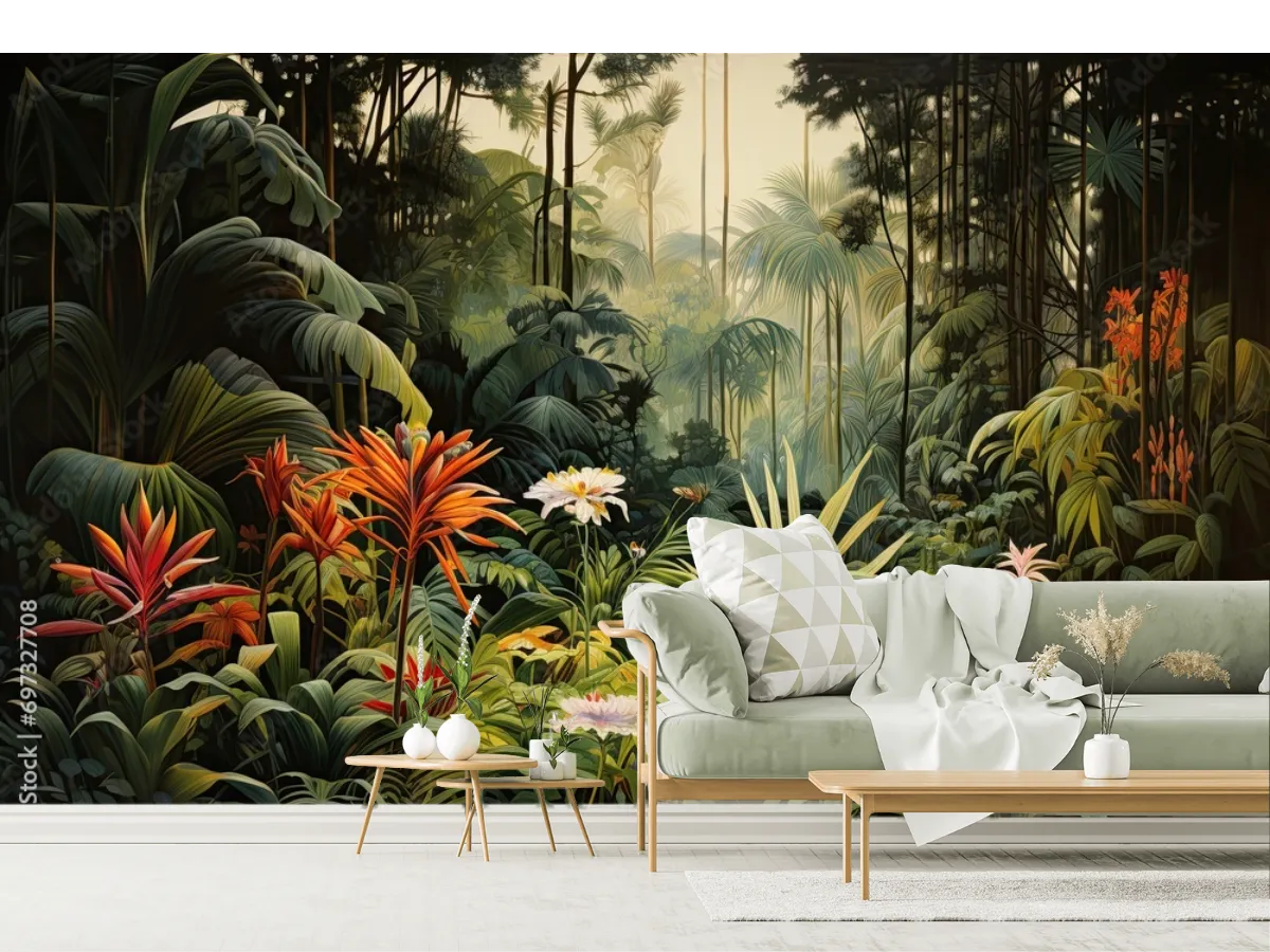 Mural Selva Radiante para decoración de sala en Vinil Arquitectónico